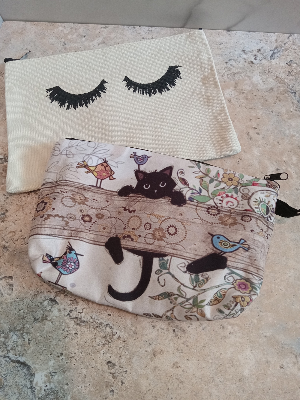 Pouch Cat & Birds Canvas Zip with Lashes Pouch
